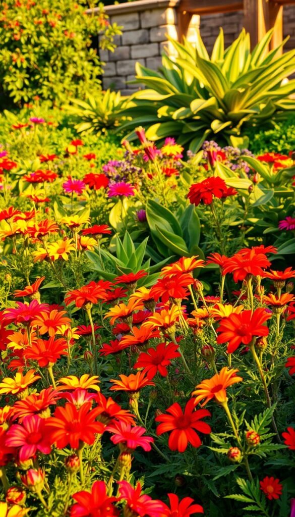 A lush, vibrant garden bursting with color, texture, and form. In the foreground, a kaleidoscope of blooming flowers in rich hues of red, yellow, and purple, their petals gently swaying in a soft breeze. The middle ground features a mix of foliage, with large, sculptural leaves in shades of green and variegated patterns. In the background, a harmonious arrangement of architectural elements, such as a stone wall or a wooden trellis, adds depth and structure to the scene. The lighting is warm and natural, casting a golden glow across the garden, highlighting the intricate details and creating a sense of depth and dimensionality. The overall composition is balanced and visually captivating, showcasing the core elements of garden design in a cohesive and aesthetically pleasing manner.