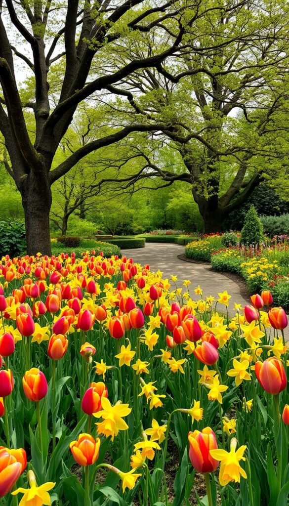 A lush, vibrant garden bursting with color. In the foreground, a captivating arrangement of tulips in shades of red, yellow, and pink, their petals gently swaying in a soft breeze. Interspersed among the tulips, delicate daffodils nod their golden heads, creating a harmonious tapestry of springtime blooms. The middle ground showcases a meandering path, inviting the viewer to explore the garden's delights. Mature trees in the background provide a verdant backdrop, their branches casting a warm, dappled light across the scene. The overall atmosphere is one of tranquility and joy, a celebration of nature's beauty and the joyful integration of tulips and daffodils in an exquisite garden design.