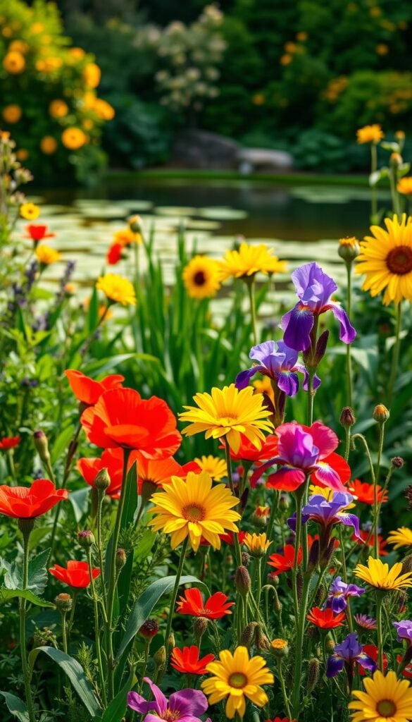 A lush, vibrant garden bursting with saturated hues. The foreground showcases a kaleidoscope of blooming flowers - bold red poppies, vivid purple irises, and sunny yellow sunflowers. Soft, diffused natural lighting casts a warm, inviting glow over the scene. In the middle ground, verdant foliage in shades of emerald and olive frame the colorful floral display. The background reveals a tranquil pond, its still waters reflecting the brilliant garden palette. An aura of serenity and joy permeates the composition, conveying the emotional impact of embracing bold colors in the landscape. A lush, vibrant garden bursting with saturated hues. The foreground showcases a kaleidoscope of blooming flowers - bold red poppies, vivid purple irises, and sunny yellow sunflowers. Soft, diffused natural lighting casts a warm, inviting glow over the scene. In the middle ground, verdant foliage in shades of emerald and olive frame the colorful floral display. The background reveals a tranquil pond, its still waters reflecting the brilliant garden palette. An aura of serenity and joy permeates the composition, conveying the emotional impact of embracing bold colors in the landscape.