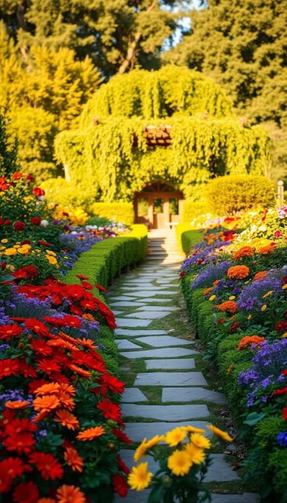 A lush, vibrant garden in a warm, afternoon sunlight. The foreground features a carefully curated arrangement of complementary and analogous color flowers - bold reds, oranges, and yellows intermixed with softer purples, blues, and greens. The middle ground showcases a winding stone path leading through the blooming beds, framed by neatly trimmed hedges. In the background, a picturesque wooden gazebo with a trellis of cascading vines provides a serene focal point. The overall scene evokes a sense of harmony, balance, and an abundance of natural beauty. A lush, vibrant garden in a warm, afternoon sunlight. The foreground features a carefully curated arrangement of complementary and analogous color flowers - bold reds, oranges, and yellows intermixed with softer purples, blues, and greens. The middle ground showcases a winding stone path leading through the blooming beds, framed by neatly trimmed hedges. In the background, a picturesque wooden gazebo with a trellis of cascading vines provides a serene focal point. The overall scene evokes a sense of harmony, balance, and an abundance of natural beauty.