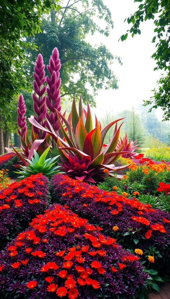 A lush, vibrant garden in full bloom, awash in a bold, captivating color palette. In the foreground, a striking arrangement of triangular-shaped flower beds, bursting with a harmonious blend of fiery reds, deep purples, and vivid oranges. The middle ground features a dynamic interplay of towering, sculptural plants, their leaves and petals cascading in a symphony of hues. In the background, a soft, diffused light filters through a canopy of verdant foliage, creating a sense of warmth and depth. The overall scene exudes a sense of confident, unapologetic vibrancy, inviting the viewer to immerse themselves in the captivating, avant-garde garden design.