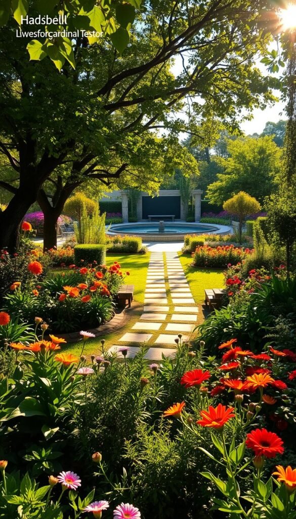 A lush, vibrant garden oasis, bathed in warm, golden afternoon light. In the foreground, a carefully curated arrangement of thriving flowers and plants, their vibrant colors and intricate textures drawing the eye. Beyond, a gently meandering path leads through a verdant canopy of trees, dappled shadows playing across the ground. In the distance, a tranquil water feature reflects the sky above, its gentle ripples adding a soothing ambiance. Strategically placed seating areas invite visitors to pause and immerse themselves in the serene, rejuvenating atmosphere. The entire scene exudes a sense of harmony, balance, and the remarkable transformation from a neglected yard to a resplendent garden design oasis.