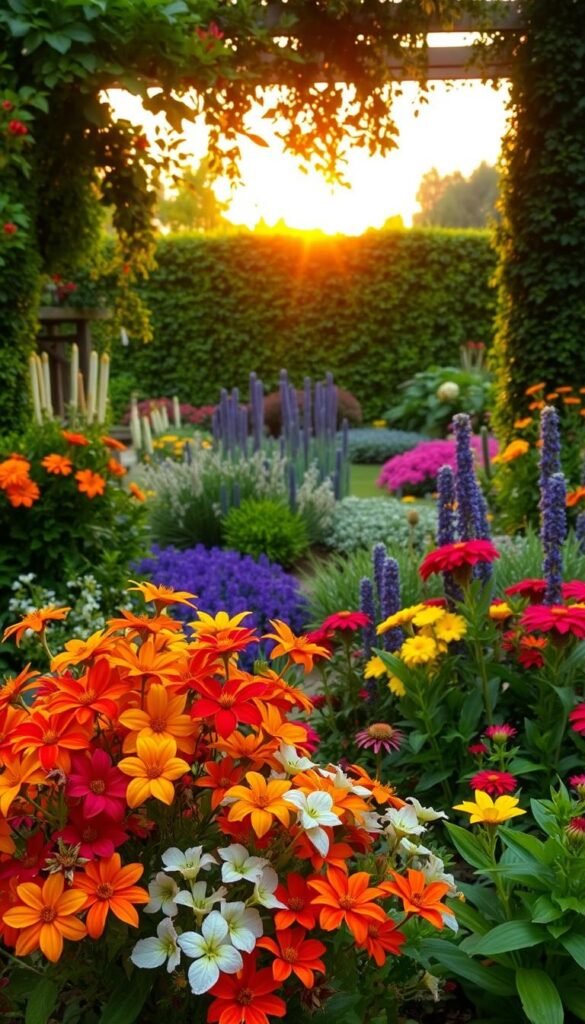 A lush, vibrant garden oasis with carefully curated color combinations. In the foreground, a variety of flowering plants in warm hues of red, orange, and yellow cascade gracefully, their petals gently swaying in the soft breeze. The middle ground features a blend of complementary cool tones - blues, purples, and deep greens - creating a harmonious balance. In the background, a verdant backdrop of lush foliage sets the stage, bathed in the warm glow of a golden hour sunset. The overall scene exudes a sense of tranquility and artistic composition, inviting the viewer to explore the carefully structured garden spaces.