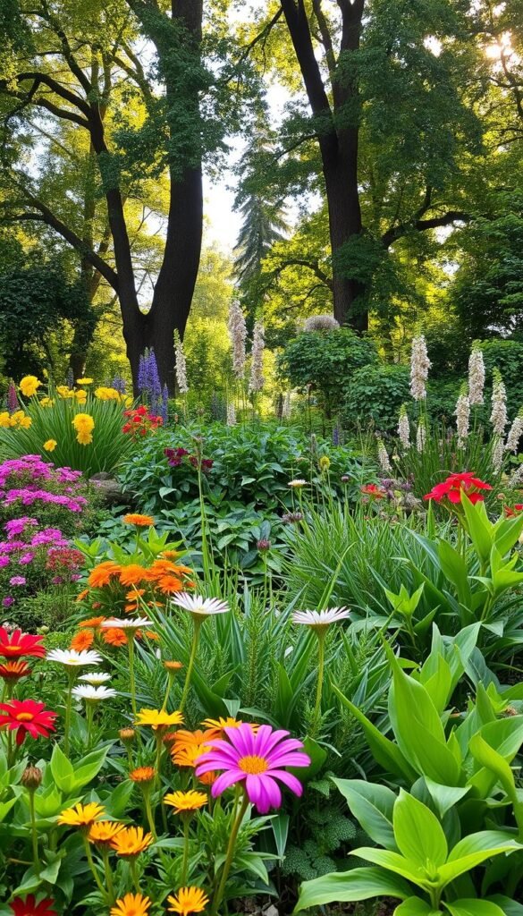 A lush, vibrant garden scene showcasing a diverse array of plants suitable for landscape design. In the foreground, an array of colorful flowering plants in full bloom, their petals gently swaying in a soft breeze. In the middle ground, a mix of verdant foliage plants of varying textures and shapes, creating a visually interesting tapestry. In the background, towering trees with dappled sunlight filtering through their canopies, casting a warm, natural glow over the entire scene. The lighting is soft and diffused, highlighting the natural beauty of the plants. The overall composition is balanced and harmonious, conveying a sense of tranquility and inspiration for the viewer's own landscape design.