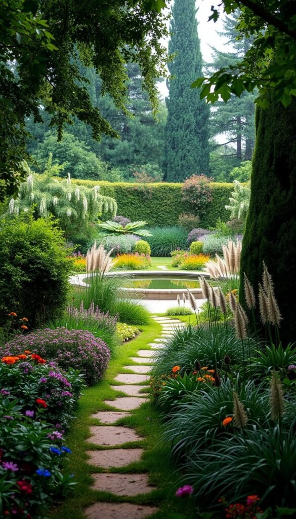 A lush, vibrant garden scene with a harmonious balance of foliage, blooms, and tranquil space. In the foreground, a well-designed pathway leads the eye through a tapestry of colorful perennials and ornamental grasses. The middle ground features a serene reflecting pool, its still surface mirroring the surrounding greenery. Towering trees and shrubs in the background create a sense of enclosure, framing the scene and providing depth. Soft, diffused natural lighting filters through the canopy, casting gentle shadows and highlighting the textures of the plants. An overall atmosphere of peaceful contemplation and visual delight, inviting the viewer to envision the possibilities of their own garden design.