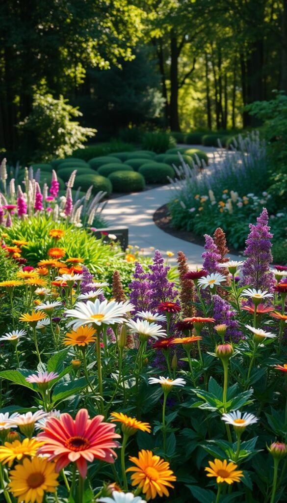 A lush, vibrant perennial garden in natural afternoon light. The foreground features a variety of flowering plants in a harmonious color palette, their petals softly illuminated. The middle ground showcases a well-planned arrangement of taller perennials creating depth and visual interest. In the background, a gently curving path winds through a tranquil wooded setting, dappled sunlight filtering through the trees. The overall scene conveys a sense of balance, seasonal progression, and the principles of perennial garden design that deliver continuous blooms. A lush, vibrant perennial garden in natural afternoon light. The foreground features a variety of flowering plants in a harmonious color palette, their petals softly illuminated. The middle ground showcases a well-planned arrangement of taller perennials creating depth and visual interest. In the background, a gently curving path winds through a tranquil wooded setting, dappled sunlight filtering through the trees. The overall scene conveys a sense of balance, seasonal progression, and the principles of perennial garden design that deliver continuous blooms.