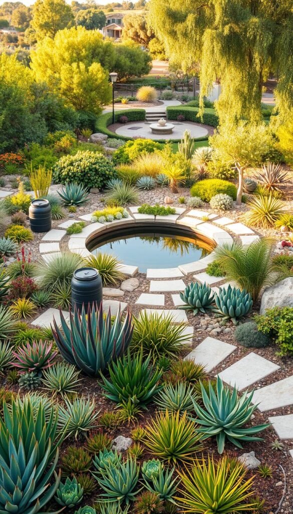 A lush, water-wise garden oasis with thriving native plants and innovative irrigation systems. In the foreground, a vibrant display of drought-tolerant succulents, agave, and cacti arranged in a visually striking pattern. The middle ground features a serene reflection pool surrounded by strategically placed rain barrels and a permeable paving system. In the background, a beautiful landscape of verdant, water-efficient shrubs and trees providing shade and habitat for local wildlife. The scene is bathed in warm, golden light, creating a tranquil and sustainable atmosphere. Captured with a wide-angle lens to showcase the garden's holistic design.