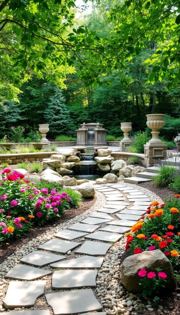 A lush, well-designed garden featuring a harmonious blend of hardscaping elements. In the foreground, a winding stone pathway leads through a vibrant flowerbed, its vibrant blooms contrasting with the natural textures of the pebbles and boulders. In the middle ground, a serene water feature with a gently cascading waterfall reflects the surrounding greenery. Framing the scene, a low stone wall defines the garden's boundaries, its rough-hewn texture complementing the smooth, rounded shapes of the ornamental planters placed atop it. Dappled sunlight filters through the leafy canopy above, casting soft shadows and highlighting the interplay of organic and inorganic elements. The overall atmosphere evokes a sense of tranquility and balance, showcasing the harmonious integration of hardscaping and natural elements in a lush, year-round garden design.