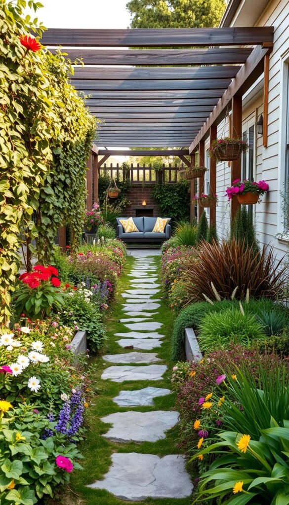 A lush, well-designed garden filled with a harmonious blend of trendy elements. In the foreground, cascading vines and flowers spill over raised garden beds and trellises, creating a vibrant and inviting atmosphere. The middle ground features a neatly arranged mix of colorful annuals, perennials, and ornamental grasses, perfectly complementing the natural stone pathway leading towards a serene seating area. In the background, a wooden pergola casts warm, diffused lighting across the scene, while strategically placed potted plants and hanging baskets add depth and texture. The overall composition evokes a sense of balance, creativity, and modern sophistication, perfectly suited for a long, narrow yard.