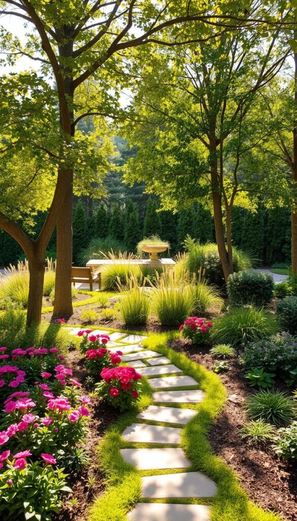 A lush, well-designed garden in an irregularly shaped space. In the foreground, a natural stone path winds through vibrant flower beds, their petals swaying in the gentle breeze. Towering trees provide dappled shade, casting intricate patterns of light and shadow across the landscape. In the middle ground, carefully pruned shrubs and ornamental grasses create a sense of depth and visual interest. The background features a mix of evergreen and deciduous plants, their foliage creating a harmonious color palette. The scene is illuminated by warm, golden sunlight, evoking a serene and inviting atmosphere. The overall layout showcases expert techniques for maximizing the potential of an unconventionally shaped outdoor space.