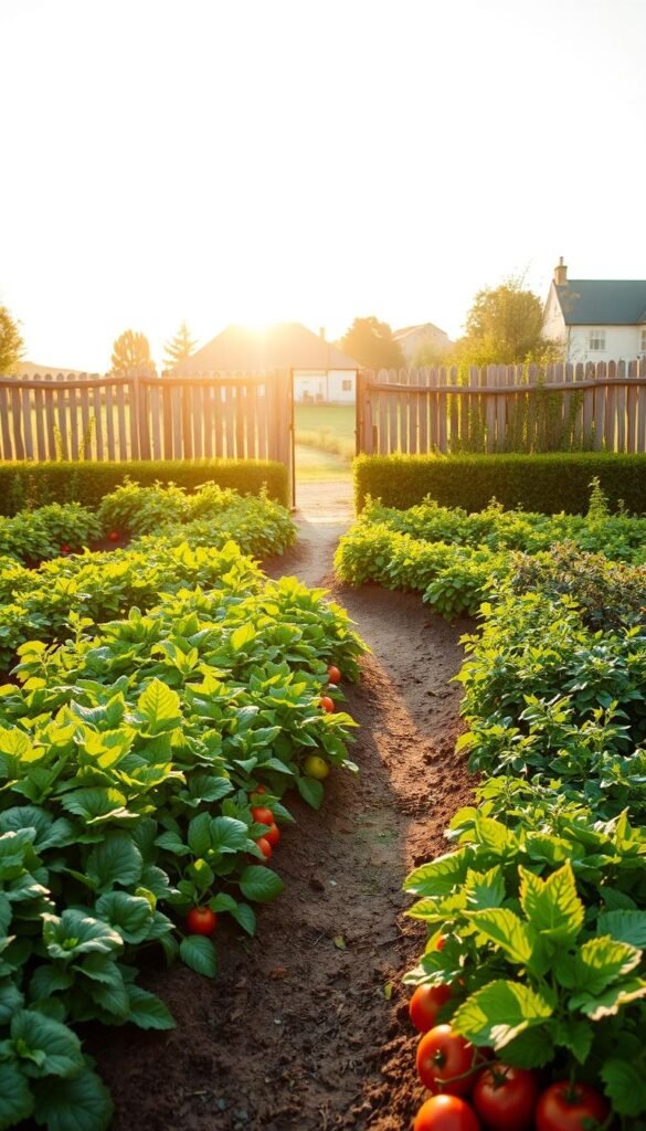 A lush, well-designed in-ground vegetable garden, bathed in warm, golden afternoon sunlight. In the foreground, neatly organized rows of thriving vegetables - leafy greens, vibrant tomatoes, and fragrant herbs. The middle ground features a meandering path winding through the garden, bordered by neatly trimmed hedges. In the background, a rustic wooden fence frames the scene, with a hint of a quaint farmhouse visible in the distance. The overall composition conveys a sense of order, productivity, and the joy of cultivating one's own fresh produce. Captured with a wide-angle lens to showcase the full expanse of the beautifully planned vegetable garden space. A lush, well-designed in-ground vegetable garden, bathed in warm, golden afternoon sunlight. In the foreground, neatly organized rows of thriving vegetables - leafy greens, vibrant tomatoes, and fragrant herbs. The middle ground features a meandering path winding through the garden, bordered by neatly trimmed hedges. In the background, a rustic wooden fence frames the scene, with a hint of a quaint farmhouse visible in the distance. The overall composition conveys a sense of order, productivity, and the joy of cultivating one's own fresh produce. Captured with a wide-angle lens to showcase the full expanse of the beautifully planned vegetable garden space.