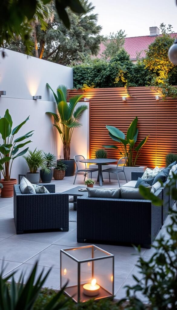 A lush, well-designed outdoor room with a focus on functionality and modern aesthetics. The scene features a minimalist patio with clean lines, complemented by strategically placed potted plants and a small outdoor dining set. In the background, a slatted wood privacy screen provides a sense of enclosure, while subtle landscape lighting creates a warm, inviting ambiance. The middle ground showcases a modular seating arrangement, allowing for flexible use of the space. The foreground highlights a well-curated selection of weatherproof furnishings, seamlessly blending the indoor and outdoor living experience. The overall composition emphasizes the harmonious integration of nature and modern design, capturing the essence of an elegant, multifunctional outdoor room.