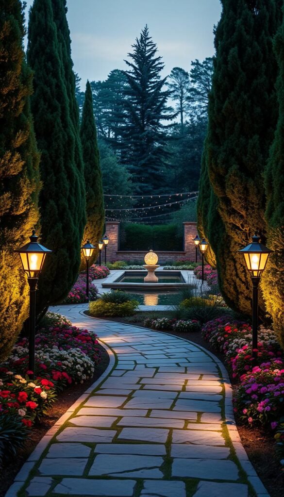 A lush, well-lit garden path winds through a beautifully manicured landscape. Warm, inviting lighting fixtures line the stone walkway, casting a soft, ambient glow that illuminates the surrounding foliage. Tall, graceful trees and vibrant flower beds frame the scene, creating a serene, tranquil atmosphere. In the distance, a reflecting pool glimmers, its surface mirroring the twinkling lights above. The composition is balanced, with a clear focal point and a sense of depth, drawing the viewer's eye through the scene. The overall mood is one of relaxation and enchantment, perfectly capturing the essence of a harmonious garden design.