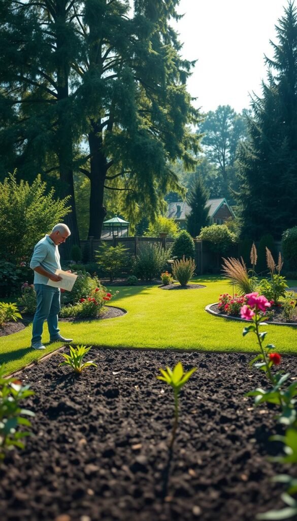 A lush, well-manicured backyard with a central focus on a garden area. In the foreground, a thoughtful assessment is being made, with a landscaper examining the soil, plant growth, and overall layout. The middle ground features a variety of established plants, from vibrant flowers to structured shrubs, hinting at the potential for a beautifully designed garden. The background showcases a tranquil, sun-dappled scene, with tall trees providing a natural canopy and a serene atmosphere. The lighting is soft and diffused, creating a warm, inviting ambiance that sets the stage for a comprehensive garden design plan. Captured with a wide-angle lens, the scene conveys a sense of depth and scale, allowing the viewer to envision the full potential of the yard.