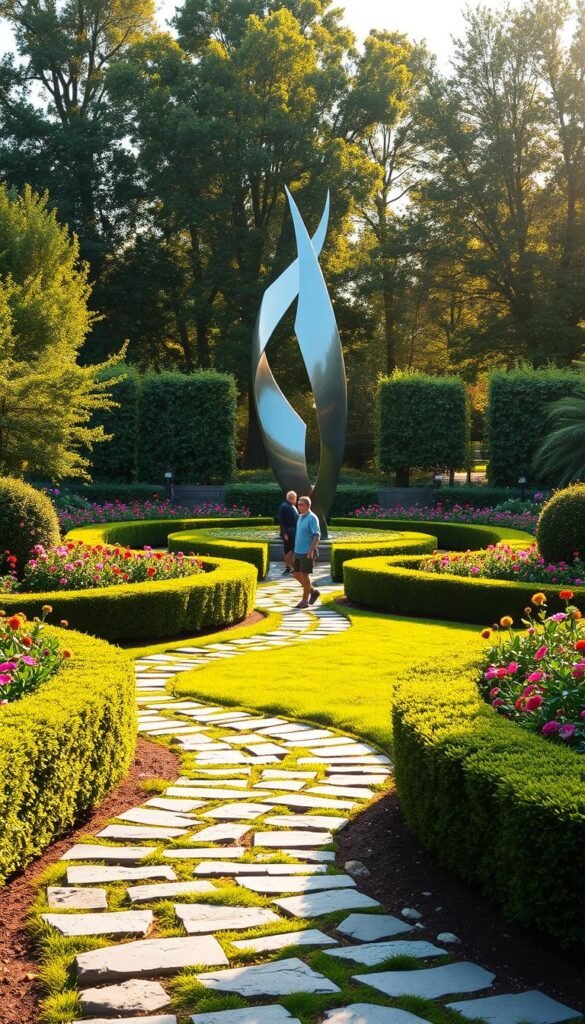 A lush, well-manicured garden with a central focal point featuring an impressive abstract sculpture. The sculpture, crafted from sleek, polished metal, stands tall against a backdrop of vibrant, blooming flowers and neatly trimmed hedges. Warm, golden sunlight filters through the trees, casting a gentle glow over the entire scene. In the foreground, a winding stone path leads visitors towards the sculpture, inviting them to explore and appreciate the harmonious blend of nature and art. The overall atmosphere is one of tranquility and artistic inspiration, where the garden's design seamlessly incorporates the sculptural element to create a visually striking and captivating experience.