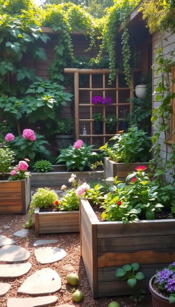 A lush, well-manicured garden with inviting raised garden beds and planters, nestled in a cozy, sun-dappled setting. Vibrant, healthy plants in a variety of colors and textures, such as blooming flowers, leafy greens, and cascading vines, fill the beds. Weathered wooden planters and trellises add rustic charm, complementing the surrounding stone paths and garden accents. Warm, diffused natural lighting illuminates the scene, creating a welcoming and serene atmosphere. The overall composition draws the viewer in, encouraging exploration and a connection with the natural world.