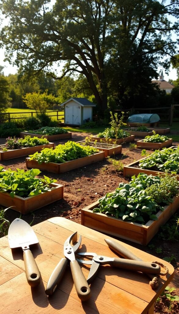 A lush, well-organized in-ground vegetable garden, bathed in warm afternoon sunlight. In the foreground, a collection of classic garden tools - a trowel, pruning shears, and a hand cultivator - arranged neatly on a wooden work bench. The middle ground showcases a thoughtful layout of raised garden beds, with rows of thriving vegetables and herbs. In the background, a picturesque backdrop of mature trees and a quaint garden shed, conveying a sense of rural tranquility. The overall scene radiates a harmonious balance between function and aesthetic, inspiring the viewer to optimize their own traditional cultivation practices. A lush, well-organized in-ground vegetable garden, bathed in warm afternoon sunlight. In the foreground, a collection of classic garden tools - a trowel, pruning shears, and a hand cultivator - arranged neatly on a wooden work bench. The middle ground showcases a thoughtful layout of raised garden beds, with rows of thriving vegetables and herbs. In the background, a picturesque backdrop of mature trees and a quaint garden shed, conveying a sense of rural tranquility. The overall scene radiates a harmonious balance between function and aesthetic, inspiring the viewer to optimize their own traditional cultivation practices.