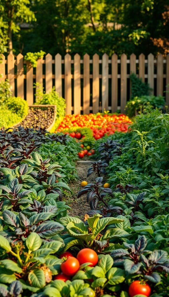 A lush, well-organized vegetable garden with vibrant, color-coordinated beds. The foreground showcases a variety of vegetables in a harmonious palette, their leaves and stems in shades of green, purple, and red. Rows of neatly tended beds stretch out towards the middle ground, where a mix of leafy greens, tomatoes, and bell peppers create a visually appealing pattern. In the background, a picturesque wooden fence frames the scene, complementing the natural tones of the garden. Warm, golden sunlight filters through, casting a soft, inviting glow over the entire composition. The overall atmosphere is one of tranquility, productivity, and a deep appreciation for the beauty of a well-designed backyard vegetable garden.