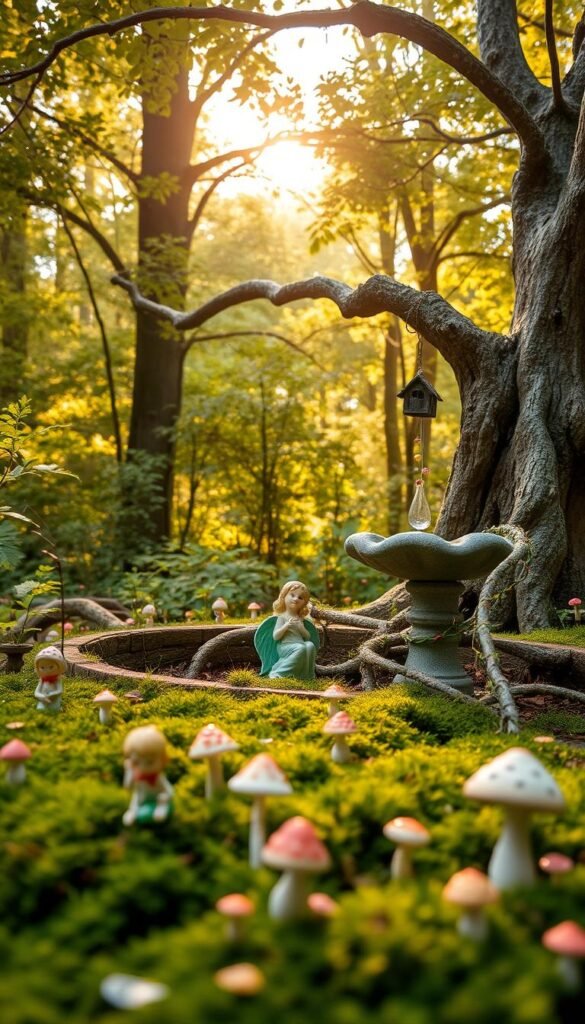 A lush, whimsical fairy garden set in a magical woodland clearing. In the foreground, delicate fairy figurines and ceramic mushrooms dot the mossy ground, creating a sense of enchantment. In the middle ground, a charming stone birdbath is adorned with vines and tiny fairy lights, while a wooden birdhouse hangs from a gnarled tree branch. The background features a dense forest canopy, dappled with warm, golden sunlight filtering through the leaves. The overall atmosphere is one of tranquility and wonder, inviting the viewer to step into a storybook fantasy.