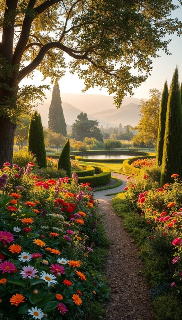 A lush, wide garden with a sense of depth and dimensionality. In the foreground, a vibrant array of blooming flowers and verdant foliage, their colors and textures creating a captivating visual tapestry. The middle ground features a winding path, flanked by neatly trimmed hedges and towering trees, leading the eye further into the scene. In the background, a tranquil pond reflects the sky, surrounded by a backdrop of rolling hills and a softly hazy horizon, conveying a sense of peaceful vastness. The lighting is warm and golden, casting a gentle glow over the entire composition, accentuating the depth and drawing the viewer in. The overall mood is one of serene, harmonious abundance, perfectly capturing the essence of a wide garden design that maximizes outdoor space.