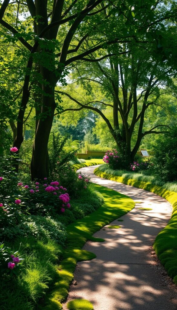 A meandering garden path winds through a lush, verdant landscape. The path is lined with flourishing flora, including towering trees casting dappled shadows, vibrant blooming flowers, and soft mosses underfoot. Sunlight filters through the canopy, creating a warm, soothing ambiance. The path curves gently, inviting exploration and discovery, leading the viewer deeper into this tranquil, restorative oasis. A sense of serenity and calm permeates the scene, creating a serene and therapeutic atmosphere.