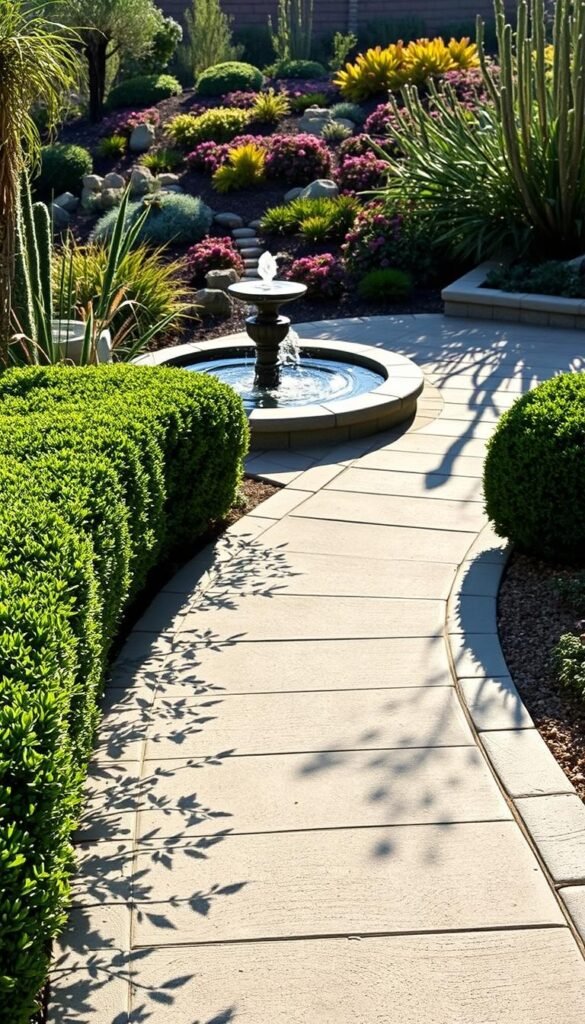 A meticulously arranged garden path, flanked by sleek stone pavers and complemented by a harmonious blend of textured hardscape elements. In the foreground, a neatly trimmed boxwood hedge frames the walkway, casting intricate shadows that dance across the surface. The middle ground features a soothing water feature, its gentle flow creating a calming ambiance. In the background, a low-maintenance xeriscape garden showcases a tapestry of drought-tolerant plants, their vibrant hues accentuated by the warm, directional lighting. The overall scene conveys a sense of tranquility and effortless elegance, perfectly embodying the concept of a low-maintenance garden design.