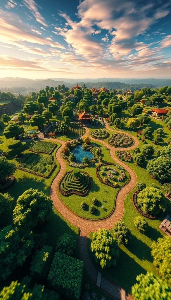 A meticulously crafted Minecraft garden planning map, presented in a detailed top-down view. The foreground showcases a lush, verdant landscape dotted with thriving crops, orchards, and ornamental plants. Winding pathways guide the viewer through the serene scene, leading to a central focal point, perhaps a charming gazebo or a tranquil pond. The middle ground reveals a well-organized layout, with strategically placed structures, decorative elements, and functional areas for farming and relaxation. The background subtly fades into a horizon of rolling hills and a vibrant, dynamic sky, creating a sense of depth and immersion. Warm, natural lighting casts gentle shadows, accentuating the tactile textures and the overall sense of harmony within this carefully planned Minecraft garden.