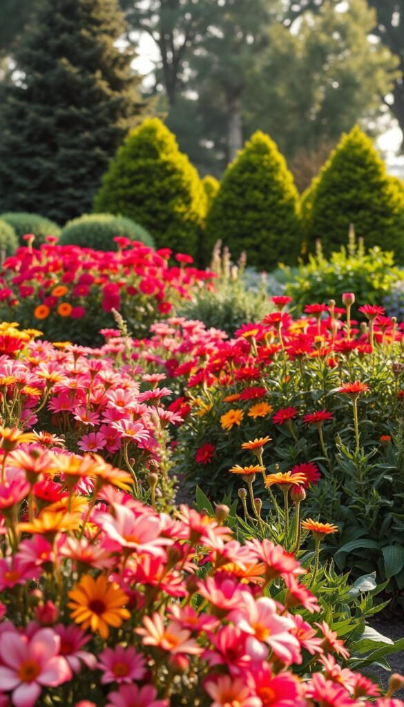 A meticulously curated perennial garden, featuring a harmonious blend of blooms that deliver continuous visual impact. In the foreground, a lush tapestry of vibrant flowers in complementary hues, their petals gently swaying in the soft breeze. The middle ground showcases a thoughtful arrangement of foliage plants, their varied textures and shades of green creating a sense of depth and balance. In the background, a backdrop of verdant, well-tended shrubs and trees, providing a natural frame for the vibrant scene. Warm, diffused lighting casts a gentle glow, accentuating the rich colors and creating an inviting, serene atmosphere. Captured through a wide-angle lens, the composition emphasizes the holistic, cohesive nature of this expertly designed perennial garden. A meticulously curated perennial garden, featuring a harmonious blend of blooms that deliver continuous visual impact. In the foreground, a lush tapestry of vibrant flowers in complementary hues, their petals gently swaying in the soft breeze. The middle ground showcases a thoughtful arrangement of foliage plants, their varied textures and shades of green creating a sense of depth and balance. In the background, a backdrop of verdant, well-tended shrubs and trees, providing a natural frame for the vibrant scene. Warm, diffused lighting casts a gentle glow, accentuating the rich colors and creating an inviting, serene atmosphere. Captured through a wide-angle lens, the composition emphasizes the holistic, cohesive nature of this expertly designed perennial garden.