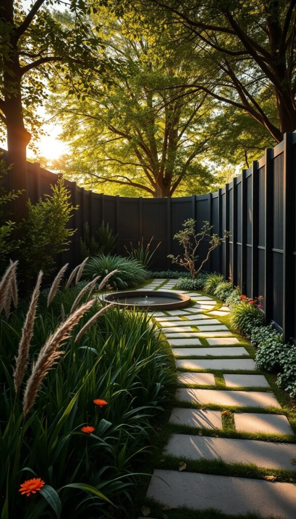 A meticulously designed garden path winds through a lush, verdant landscape, flanked by a striking dark fence that creates depth and dimension. The fence's sleek, modern silhouette casts dramatic shadows, adding visual interest and a sense of mystery. Carefully curated foliage, including tall grasses and vibrant flowers, fills the foreground, while a central water feature reflects the scene, creating a serene and calming atmosphere. Warm, golden sunlight filters through the canopy, casting a warm glow over the entire composition. Shot with a wide-angle lens to capture the full grandeur of the space, this image showcases how thoughtful use of color, materials, and lighting can enhance the overall design and ambiance of an outdoor area.