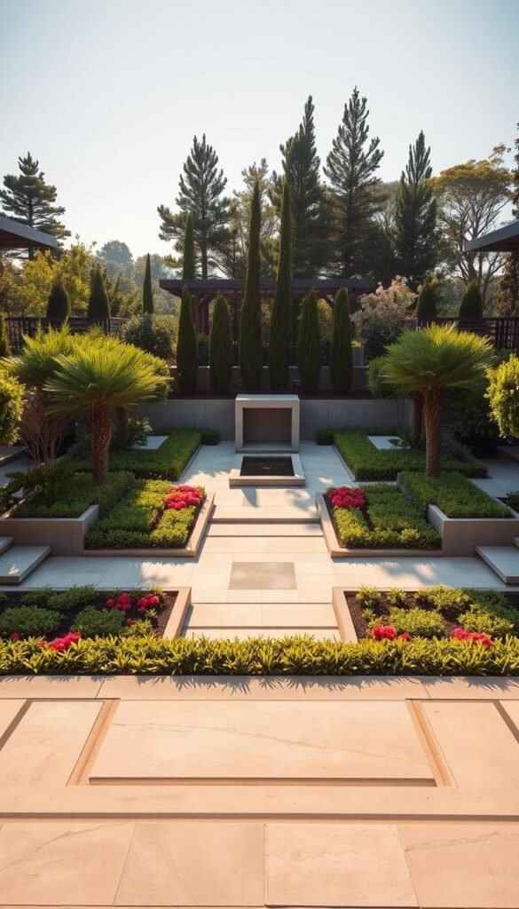 A meticulously designed modern landscape, featuring a harmonious blend of geometric patterns and lush, verdant foliage. In the foreground, a series of sleek, linear pathways and stepped terraces, constructed with precision-cut stone and concrete, create a sense of order and sophistication. Carefully placed, angular garden beds filled with vibrant, low-growing flora frame the pathways, adding pops of color and texture. The middle ground showcases a minimalist water feature, its geometric shape reflecting the surrounding patterns, while the background reveals a backdrop of towering trees and shrubs, providing a natural contrast to the geometric elements. Warm, directional lighting casts long shadows, emphasizing the clean lines and angular forms, while the overall scene exudes a sense of luxurious, contemporary elegance.