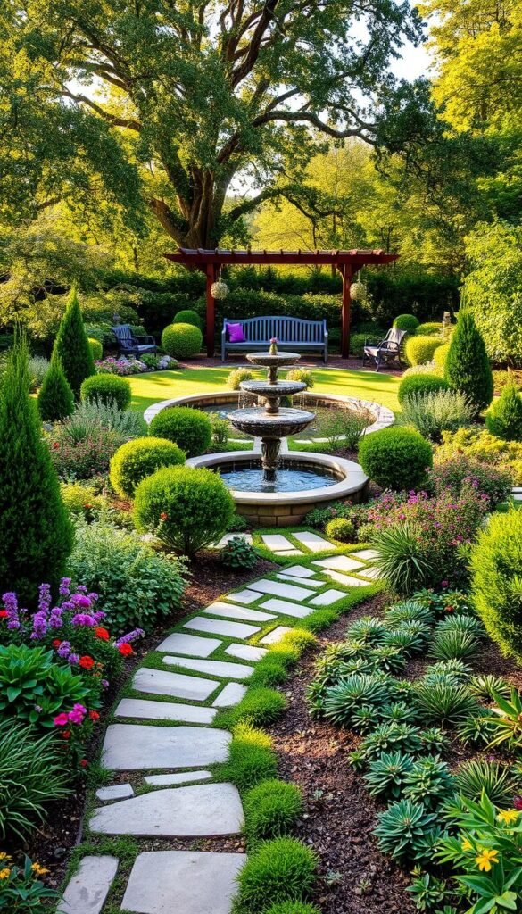 A meticulously planned garden layout with lush greenery and harmonious hardscape elements. In the foreground, a winding stone path leads the eye through a tapestry of vibrant flowers and sculpted shrubs. The middle ground features a serene water feature, its gentle ripples reflecting the dappled sunlight filtering through the canopy of mature trees in the background. Strategically placed garden benches invite contemplation, while a pergola casts warm, golden shadows across the scene. The overall composition exudes a sense of balance, inviting the viewer to envision themselves immersed in this tranquil, well-designed outdoor oasis.