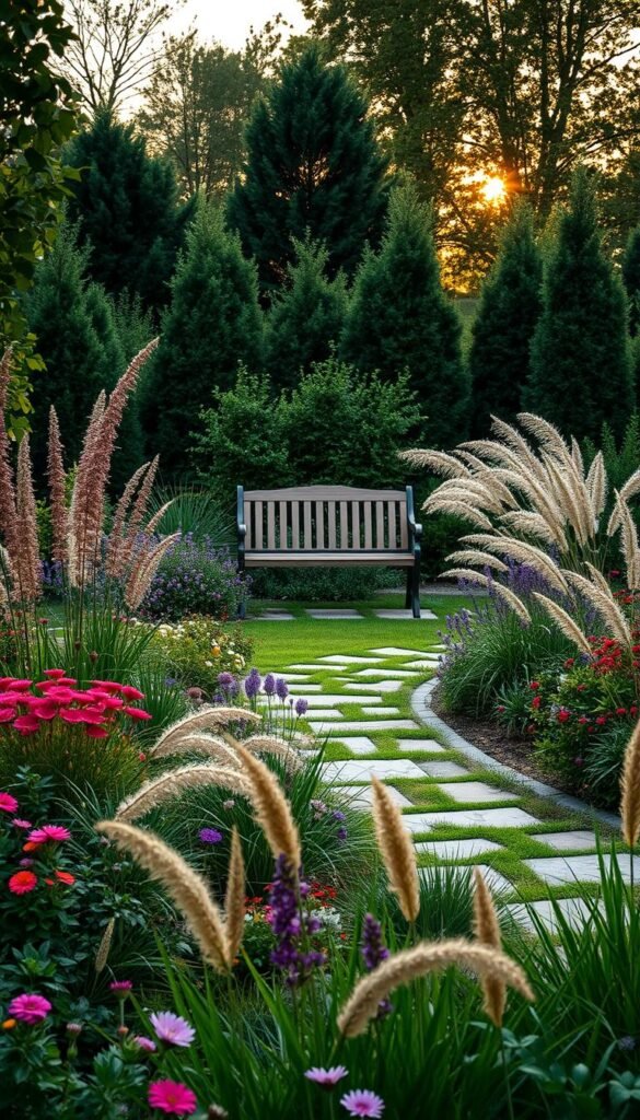A modern cottage garden design, bursting with vibrant blooms and lush greenery. In the foreground, a mix of colorful perennials and ornamental grasses sway gently in the breeze. The middle ground features a winding stone path leading to a charming wooden bench, inviting visitors to pause and admire the scene. In the background, a harmonious blend of deciduous and evergreen shrubs creates a natural backdrop, complemented by the warm glow of a setting sun filtering through the foliage. The lighting is soft and diffused, casting a serene ambiance. The overall composition strikes a balance between the traditional cottage garden elements and a more contemporary, minimalist aesthetic.