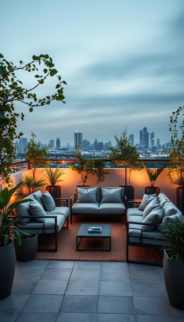 A modern rooftop terrace with sleek, contemporary outdoor furniture arranged in a cozy conversation area. A plush sectional sofa and matching armchair in neutral tones sit atop a textured area rug, creating an inviting lounge space. Minimalist side tables and a low coffee table add clean-lined accents. Lush potted plants and trailing vines frame the setting, evoking a serene, nature-inspired ambiance. Warm, directional lighting casts a soft glow, enhancing the intimate, evening atmosphere. The scene is captured from a slightly elevated angle, showcasing the city skyline in the distance for a stylish, urban oasis vibe.
