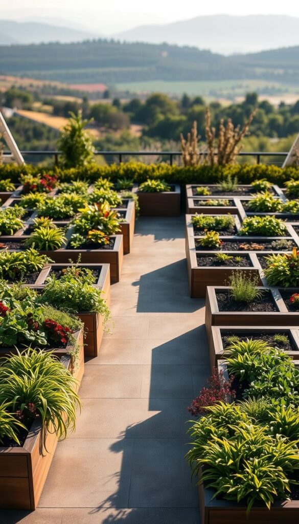A modular garden design with interchangeable raised planting beds, arranged in a visually striking geometric pattern. The beds are constructed with sleek, modern materials like metal and wood, casting dramatic shadows across the ground. In the foreground, a mix of lush, colorful plants spill over the edges, creating a sense of cascading greenery. The middle ground features a central pathway winding through the modular layout, inviting the viewer to explore the dynamic, flexible design. In the background, a softly blurred natural landscape provides a serene, contemplative backdrop, emphasizing the harmonious integration of the garden with its surroundings. Warm, diffused lighting highlights the clean lines and textures, elevating the overall aesthetic. A modular garden design with interchangeable raised planting beds, arranged in a visually striking geometric pattern. The beds are constructed with sleek, modern materials like metal and wood, casting dramatic shadows across the ground. In the foreground, a mix of lush, colorful plants spill over the edges, creating a sense of cascading greenery. The middle ground features a central pathway winding through the modular layout, inviting the viewer to explore the dynamic, flexible design. In the background, a softly blurred natural landscape provides a serene, contemplative backdrop, emphasizing the harmonious integration of the garden with its surroundings. Warm, diffused lighting highlights the clean lines and textures, elevating the overall aesthetic.