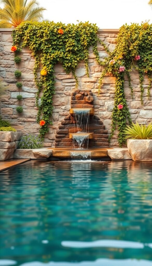 A natural, serene pool with a captivating wall fountain design. In the foreground, the clear, tranquil waters reflect the surrounding lush greenery and stone textures. A beautifully crafted stone fountain cascades down the middle ground, its flowing water creating a soothing, ambient sound. The background features a meticulously designed stone wall, accented with cascading vines and flowering plants, adding depth and a sense of natural harmony. Warm, soft lighting highlights the textural details, creating a calming, inviting atmosphere. The overall composition evokes a sense of relaxation and a connection with the natural world.
