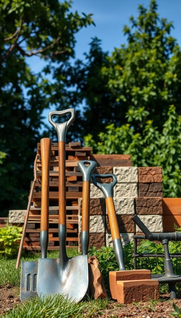 A neatly arranged collection of essential Minecraft garden tools and materials. In the foreground, an array of iron tools - a shovel, hoe, and pickaxe - gleam under natural lighting. In the middle ground, stacks of wooden planks, stone bricks, and terracotta blocks create a textured backdrop. In the background, lush foliage and a clear blue sky set a serene, tranquil mood. The composition is balanced, with a focus on the utilitarian yet visually appealing tools and materials needed to cultivate a thriving Minecraft garden.