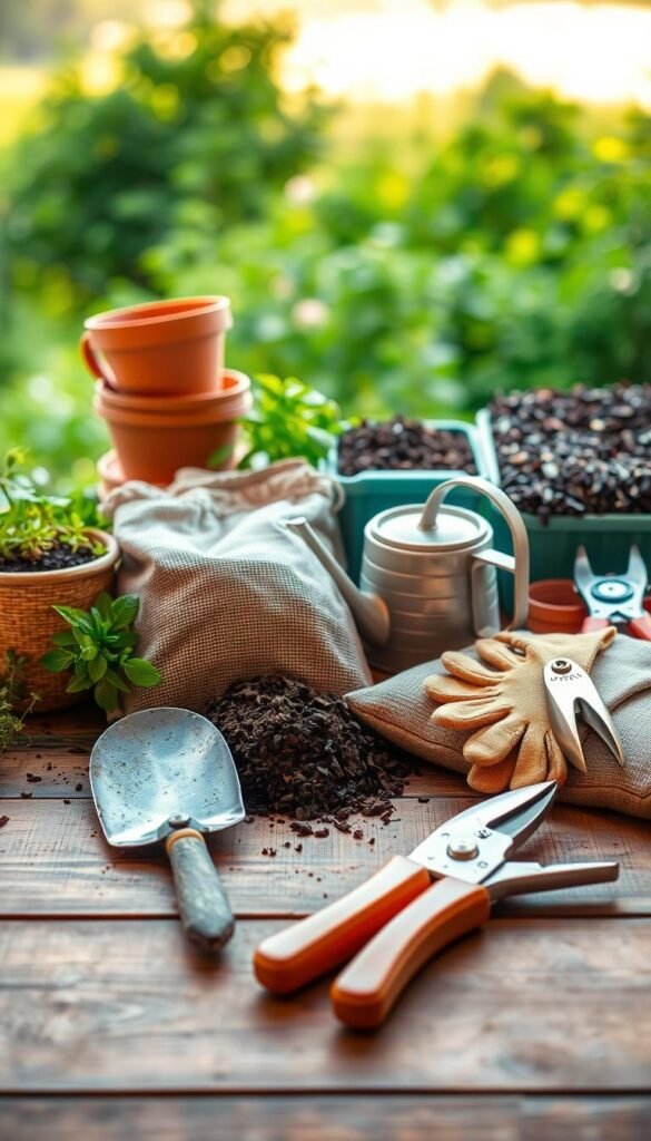 A neatly arranged collection of essential gardening tools and materials, illuminated by warm, natural lighting. In the foreground, a trowel, pruning shears, and gardening gloves are meticulously placed on a wooden surface. The middle ground features a bag of potting soil, a watering can, and a pair of garden clippers, all resting against a backdrop of terracotta pots and bags of mulch. The background is a soft, blurred landscape of lush greenery, hinting at the tranquil outdoor setting where these tools will be put to use.