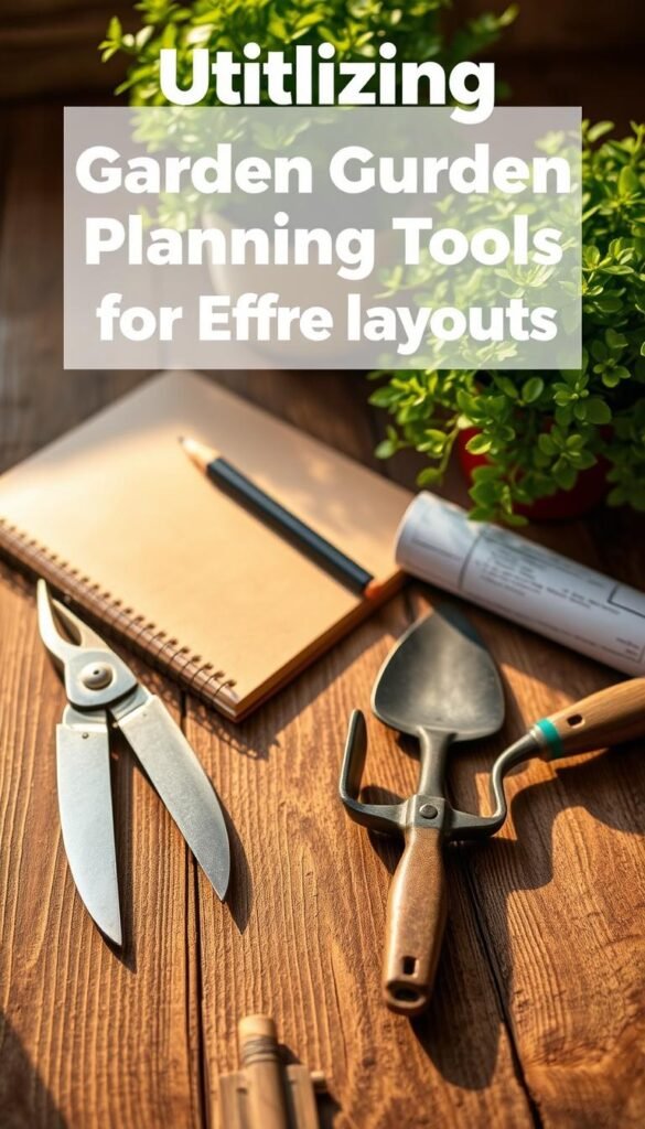 A neatly arranged display of garden planning tools meticulously laid out on a rustic wooden surface. In the foreground, a pair of pruning shears, a trowel, and a hand cultivator glisten under warm, directional lighting, casting subtle shadows. In the middle ground, a spiral-bound notebook, a pencil, and a rolled-up blueprint add a sense of purposeful organization. The background features a lush, verdant potted plant, hinting at the lush greenery that the tools will help cultivate. The overall composition exudes a sense of productivity, precision, and a passion for gardening, perfectly capturing the essence of "Utilizing Garden Planning Tools for Effective Layouts". A neatly arranged display of garden planning tools meticulously laid out on a rustic wooden surface. In the foreground, a pair of pruning shears, a trowel, and a hand cultivator glisten under warm, directional lighting, casting subtle shadows. In the middle ground, a spiral-bound notebook, a pencil, and a rolled-up blueprint add a sense of purposeful organization. The background features a lush, verdant potted plant, hinting at the lush greenery that the tools will help cultivate. The overall composition exudes a sense of productivity, precision, and a passion for gardening, perfectly capturing the essence of "Utilizing Garden Planning Tools for Effective Layouts".