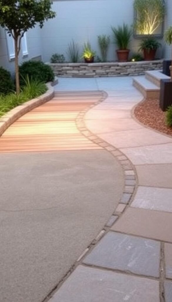 A neatly arranged outdoor space showcasing a harmonious blend of hardscape materials. In the foreground, a winding path composed of natural stone pavers leads the eye into the scene. Textural variations in the middle ground, such as weathered wood planks and smooth concrete slabs, create visual interest. In the background, a low stone wall or raised planter bed adds structural definition, complemented by the soft, lush greenery of potted plants and shrubs. Gentle, warm lighting casts a welcoming glow, accentuating the earthy tones and tactile qualities of the hardscape elements. The overall atmosphere evokes a sense of tranquility and intentional design, making it an inviting space for contemplation and relaxation.