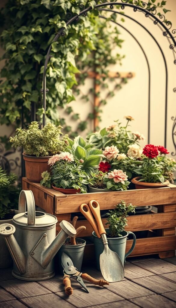 A neatly arranged vintage garden vignette, featuring an array of timeless elements. In the foreground, a weathered watering can, secateurs, and a worn trowel are carefully displayed. The middle ground showcases a rustic wooden crate overflowing with an assortment of potted plants, ranging from lush green foliage to vibrant blooms. In the background, a wrought-iron garden arch is adorned with cascading vines, casting a warm, sepia-toned glow over the scene. The lighting is soft and diffused, evoking a sense of nostalgic charm and timeless tranquility. The composition is balanced and visually appealing, capturing the essence of a quintessential country garden. A neatly arranged vintage garden vignette, featuring an array of timeless elements. In the foreground, a weathered watering can, secateurs, and a worn trowel are carefully displayed. The middle ground showcases a rustic wooden crate overflowing with an assortment of potted plants, ranging from lush green foliage to vibrant blooms. In the background, a wrought-iron garden arch is adorned with cascading vines, casting a warm, sepia-toned glow over the scene. The lighting is soft and diffused, evoking a sense of nostalgic charm and timeless tranquility. The composition is balanced and visually appealing, capturing the essence of a quintessential country garden.