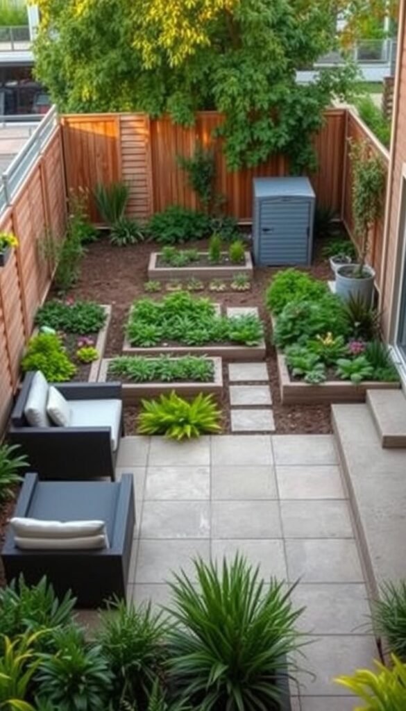 A neatly laid out small backyard with a central seating area, surrounded by meticulously designed garden beds featuring a variety of lush, colorful plants. In the foreground, a modern, low-maintenance patio with clean lines and minimalist furniture. The middle ground showcases a well-proportioned, raised vegetable garden, while the background features a discreet storage shed or tool shed blending seamlessly into the landscape. Warm, diffused natural lighting casts a soft, inviting glow over the entire scene, creating a serene and harmonious atmosphere. The overall layout prioritizes functionality, visual interest, and a sense of tranquility within the constrained space.