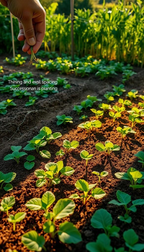 A neatly organized in-ground vegetable garden, illuminated by warm natural lighting. In the foreground, a close-up view showcases various thinning and spacing techniques - a hand carefully pulling out excess seedlings, leaving the optimal distance between each plant. The middle ground reveals a grid-like layout of different vegetable crops, their leaves casting soft shadows on the rich soil. In the background, a row of mature plants stands tall, highlighting the benefits of proper spacing and succession planting for a thriving, bountiful harvest. The overall scene conveys a sense of order, care, and the harmonious relationship between plants in a traditional cultivation setting. A neatly organized in-ground vegetable garden, illuminated by warm natural lighting. In the foreground, a close-up view showcases various thinning and spacing techniques - a hand carefully pulling out excess seedlings, leaving the optimal distance between each plant. The middle ground reveals a grid-like layout of different vegetable crops, their leaves casting soft shadows on the rich soil. In the background, a row of mature plants stands tall, highlighting the benefits of proper spacing and succession planting for a thriving, bountiful harvest. The overall scene conveys a sense of order, care, and the harmonious relationship between plants in a traditional cultivation setting.