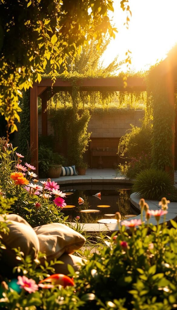 A peaceful garden oasis, bathed in warm, golden sunlight. In the foreground, a serene meditation space with a cushioned seat nestled among lush greenery and fragrant flowers. The middle ground features a tranquil koi pond, its still surface reflecting the surrounding foliage. In the background, a wooden pergola draped with cascading vines frames the scene, creating a sense of enclosure and privacy. The atmosphere is one of mindfulness and introspection, inviting the viewer to pause, breathe deeply, and find inner calm amidst the beauty of nature.