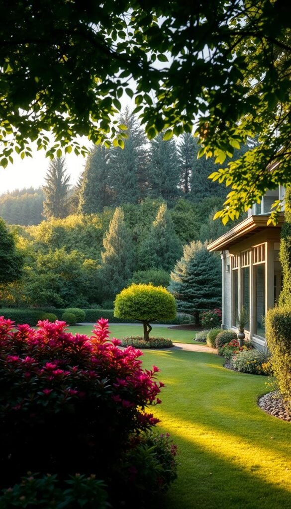 A picturesque garden home framed by lush greenery. In the foreground, an array of vibrant shrubs and flowering plants creates a welcoming entryway. The mid-ground features a well-manicured lawn, dotted with strategically placed trees that cast dappled shadows. Beyond, a line of towering evergreens forms a natural backdrop, their verdant foliage providing a seamless transition between the built and natural environments. Warm, golden-hour lighting filters through the branches, imbuing the scene with a cozy, inviting atmosphere. Captured through a wide-angle lens, the composition emphasizes the harmonious blending of the home's architecture and the surrounding landscape.