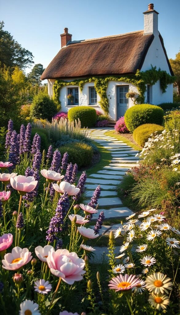 A picturesque modern cottage garden, bathed in warm afternoon sunlight. In the foreground, an abundance of vibrant flowers in a soft, naturalistic arrangement - delicate peonies, fragrant lavender, and cheerful daisies. Winding stone pathways guide the eye through the lush greenery of shrubs and perennials in the middle ground. Beyond, a charming cottage with whitewashed walls and a thatched roof frames the scene, creating a harmonious blend of rustic and contemporary elements. The composition is balanced, with a sense of tranquility and beauty, reflecting the harmonious coexistence of nature and human design.