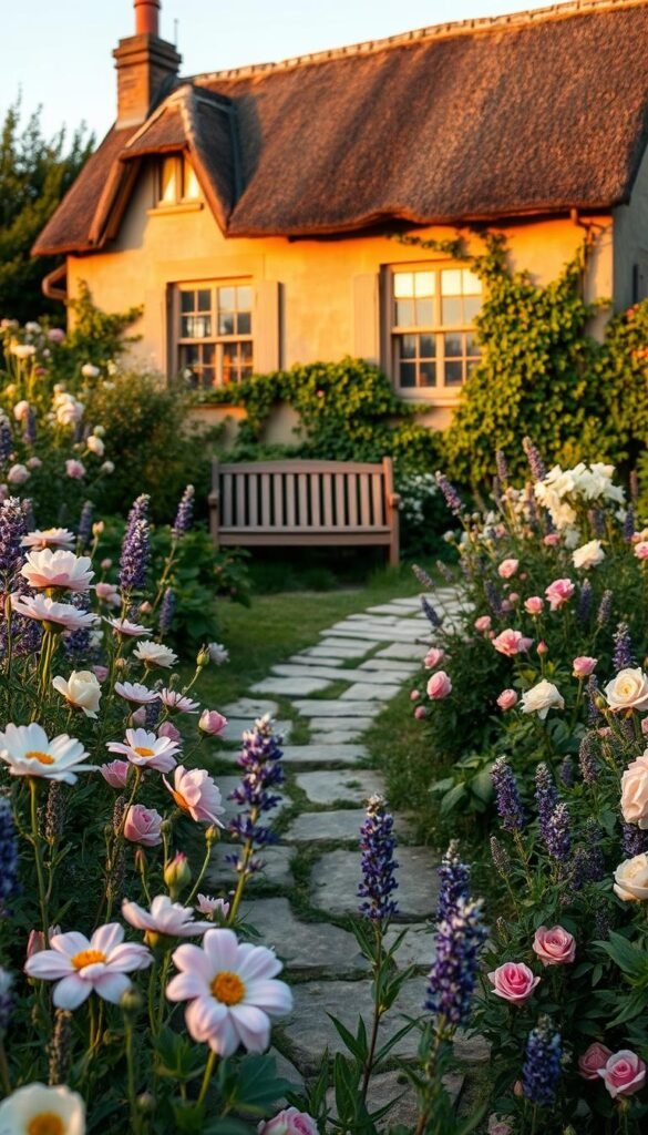 A quaint cottage garden in the golden hour, overflowing with an array of vibrant blooms. In the foreground, delicate flowers such as peonies, lavender, and English roses in soft pastel hues. In the middle ground, a meandering stone path leading to a rustic wooden bench nestled amidst lush greenery. The background features a charming cottage with a thatched roof, its windows adorned with cascading vines. Warm, soft lighting casts a dreamy glow, highlighting the cottage's weathered charm. The overall scene exudes a sense of timeless, cozy tranquility, embodying the essence of a quintessential cottage garden.