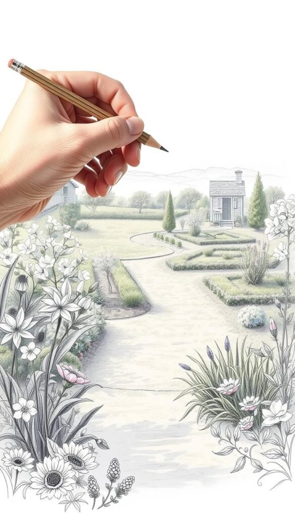 A quaint garden scene, captured in a soft, sketch-like style. In the foreground, a hand holding a pencil delicately sketches the intricate details of lush foliage and blooming flowers. The middle ground reveals the full expanse of the garden, with winding paths, well-tended beds, and a picturesque shed in the distance. The background is filled with a hazy, impressionistic landscape, suggesting a serene, tranquil atmosphere. Muted natural lighting casts gentle shadows, enhancing the organic, hand-drawn feel. The overall composition evokes the process of thoughtfully planning and designing a beautiful outdoor space.