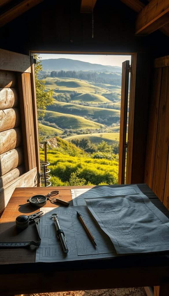 A rustic garden shed, its weathered wooden walls casting long shadows across a lush, verdant landscape. On a workbench, an array of tools lie neatly arranged - a compass, a clinometer, a measuring tape, and a set of detailed topographical maps. Sunlight streams through the open doorway, illuminating the scene with a warm, earthy glow. In the background, rolling hills stretch out, their contours captured in the maps, guiding the gardener's hand as they plan their intricate design. This image conveys the spirit of DIY terrain mapping, where hands-on exploration and careful observation come together to reveal the hidden secrets of the garden's terrain.