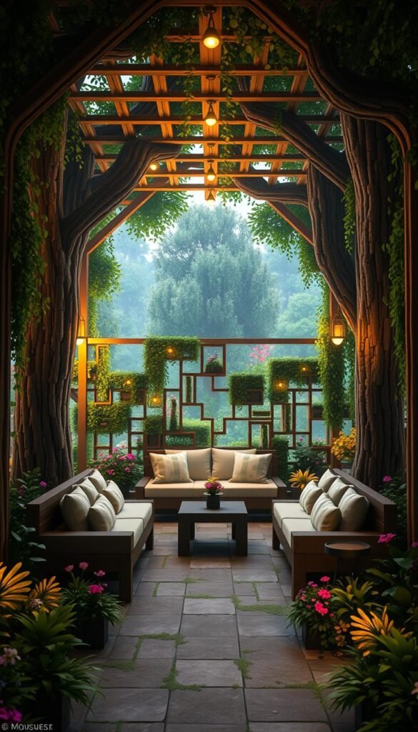 A serene Minecraft-inspired garden lounge, adorned with lush foliage and vibrant flowers. A central seating area with cozy cushions and wooden benches, surrounded by an intricate lattice framework that casts a warm, ambient glow from integrated lighting. Towering oak trees and leafy vines frame the scene, creating a natural, immersive atmosphere. The overall composition evokes a sense of peaceful retreat, where one can unwind and connect with the virtual landscape. Soft, diffused lighting enhances the tranquil mood, casting gentle shadows and highlights across the meticulously crafted details. The entire setting exudes a harmonious blend of nature and human-made elements, seamlessly merging the virtual and the real. A serene Minecraft-inspired garden lounge, adorned with lush foliage and vibrant flowers. A central seating area with cozy cushions and wooden benches, surrounded by an intricate lattice framework that casts a warm, ambient glow from integrated lighting. Towering oak trees and leafy vines frame the scene, creating a natural, immersive atmosphere. The overall composition evokes a sense of peaceful retreat, where one can unwind and connect with the virtual landscape. Soft, diffused lighting enhances the tranquil mood, casting gentle shadows and highlights across the meticulously crafted details. The entire setting exudes a harmonious blend of nature and human-made elements, seamlessly merging the virtual and the real.