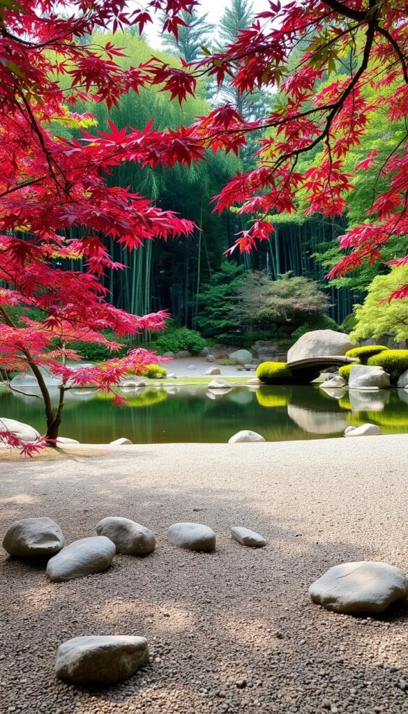 A serene Zen garden, bathed in soft, diffused natural light. In the foreground, a carefully raked rock garden with smooth, rounded stones in shades of gray and beige. Delicate Japanese maple trees sway gently, their crimson leaves casting dappled shadows. In the middle ground, a tranquil pond reflects the surrounding foliage, its surface unbroken save for the occasional ripple. Moss-covered boulders and a wooden bridge leading to a small island create a sense of balance and harmony. The background features a lush, verdant backdrop of bamboo groves and evergreen trees, creating a secluded, contemplative atmosphere. A serene Zen garden, bathed in soft, diffused natural light. In the foreground, a carefully raked rock garden with smooth, rounded stones in shades of gray and beige. Delicate Japanese maple trees sway gently, their crimson leaves casting dappled shadows. In the middle ground, a tranquil pond reflects the surrounding foliage, its surface unbroken save for the occasional ripple. Moss-covered boulders and a wooden bridge leading to a small island create a sense of balance and harmony. The background features a lush, verdant backdrop of bamboo groves and evergreen trees, creating a secluded, contemplative atmosphere.